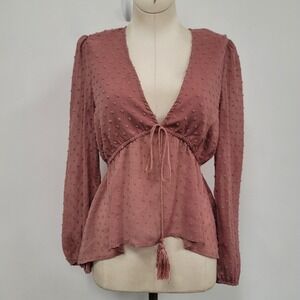 Allegra K Womens Fairy Swiss‎ Dot Ballon Sleeve Sheer Babydoll Top Size XS Pink